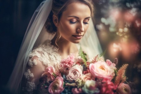 A bride in a white wedding dress holds a beautiful bridal bouquet