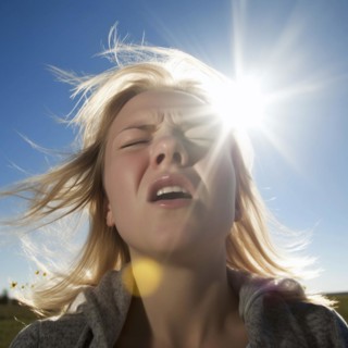 Hay fever child suffers from hay fever and is surrounded by pollen flowers