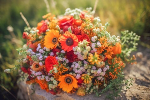A colourful bouquet of wildflowers in warm sunlight