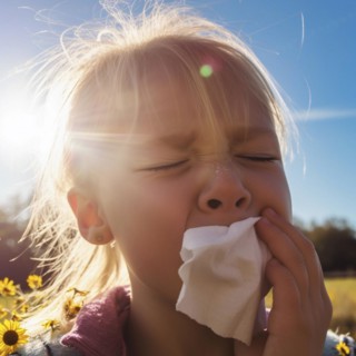 Hay fever child suffers from hay fever and is surrounded by pollen flowers