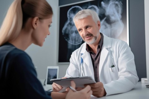 A doctor in a white coat talking to a patient in a doctor's surgery