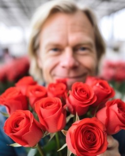 A man with a bouquet of flowers