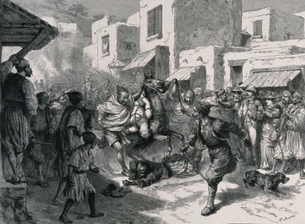 A woman is tortured by being strapped naked to a horse and dragged through a town