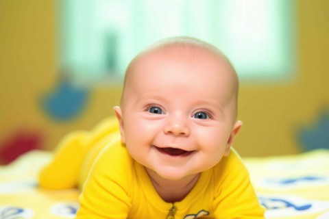 A laughing baby in a yellow romper suit