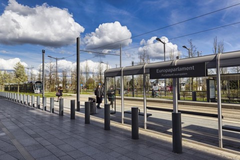 Pedestrian at tram stop