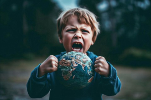 A very angry young boy screaming holds a globe with his clenched fists