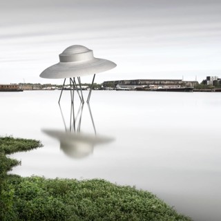 Minimalist long exposure of a UFO. Artwork Le Vaisseau Spatial in the port of Bordeaux