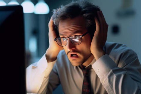 A stockbroker in glasses looks in shock at the display of his notebook