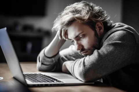A man sits exhausted at a notebook