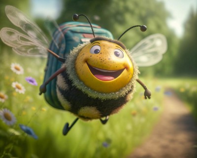 A cute honey bee with school bag on its way through a summer meadow