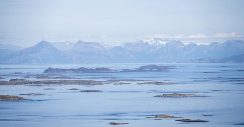 View of sea with archipelago islands from Svellingsflaket and mountains