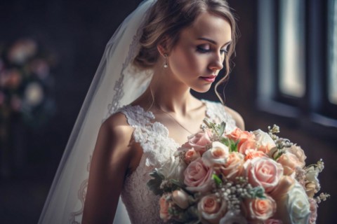 A bride in a white wedding dress holds a beautiful bridal bouquet