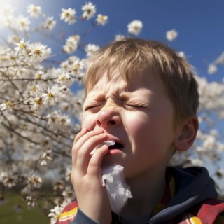 Hay fever child suffers from hay fever and is surrounded by pollen flowers