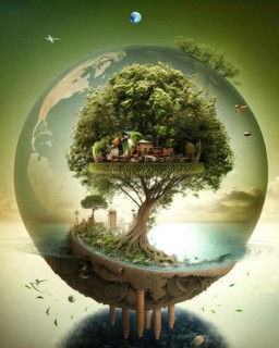 A glass sphere with a symbolic near-natural settlement in a tree above a city by the sea