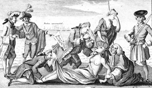 The Indian America is held by Lord Mansfield while Lord North forces bitter tea down her throat. In the background