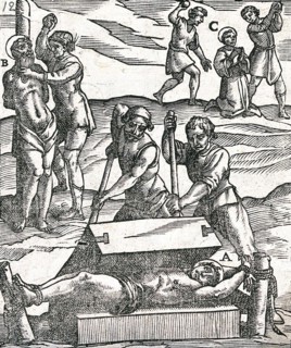 Various methods of torture. One victim lies in Lissa's iron coffin while others are tied to the pillory or stoned in the background