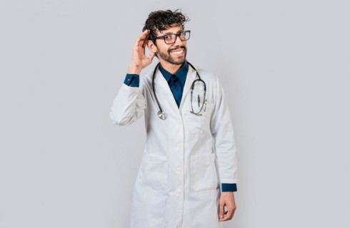 Smiling doctor listening to a rumor. Young doctor smiling with hand over ear isolated