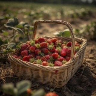 Raffia basket with fresh strawberries in a natural environment in a field