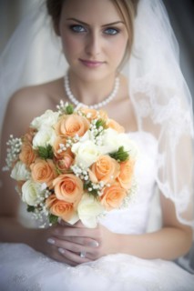 A bride in a white wedding dress holds a beautiful bridal bouquet