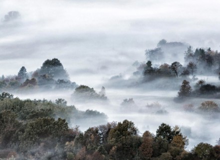 View from the Zeller Horn on misty landscape of the Swabian Alb