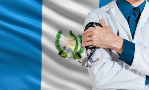 Doctor with stethoscope on guatemala flag. Health and care with the flag of Guatemala. Guatemala national health concept