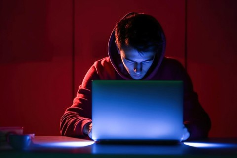 A young man in his mid-20s works at his laptop at night