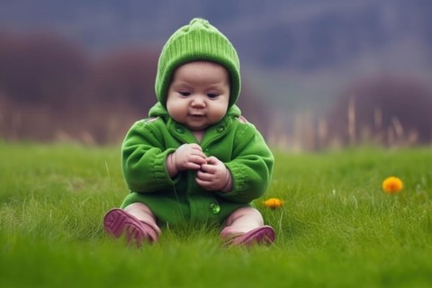 A baby in a woolly hat sits on a green lawn
