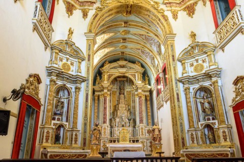 Golden altar of the church of Sao Pedro dos Clerigos created in the 18th century with its neoclassical style interior painted in gold in the Pelourinho neighborhood of Salvador