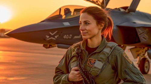 Proud young adult female air force fighter pilot in front of her lockheed martin F-35 lightning II combat aircraft on the tarmac
