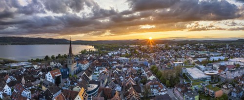 Aerial view of the town of Radolfzell on Lake Constance at sunset