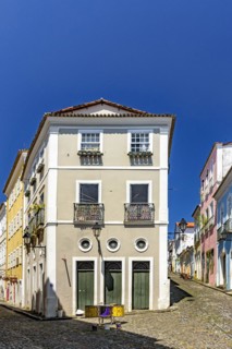 Traditional colonial architecture of houses and hillsides in the old Pelourinho district in Salvador