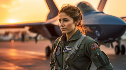 Proud young adult female air force fighter pilot in front of her lockheed martin F-35 lightning II combat aircraft on the tarmac