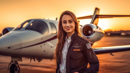 Proud young adult female airline pilot in front of her private executive jet on the tarmac