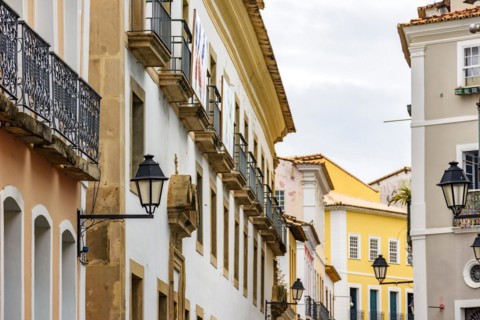 Old houses with balconies and lanterns in colonial style on the streets of Pelourinho in the city of Salvador