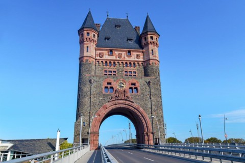 Historical cultural monument tower landmark called 'Nibelungenbruecke' or 'Nibelungentor on bridge in city Worms in Germany