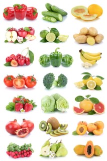 Fruit and vegetables Fruits with apple Lemon Tomatoes as collage background cropped isolated in Stuttgart