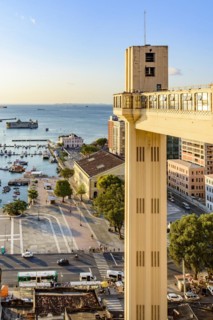 View of the bay of All Saints and Lacerda elevator in the famous city of Salvado at sunsetr