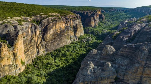 Aerial of the Sandstone cliffs in the Unesco site Serra da Capivara National Park