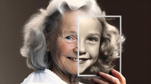 Elderly woman with wrinkled skin portrait holding A photo of herself as A young girl with perfect skin