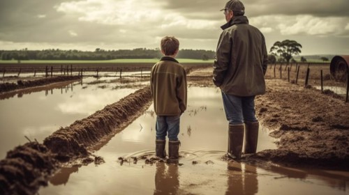 Distressed farming father and son look over their flooded farmland