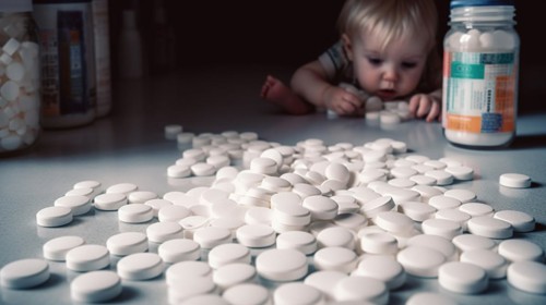 A young toddler has found some prescription pills at home