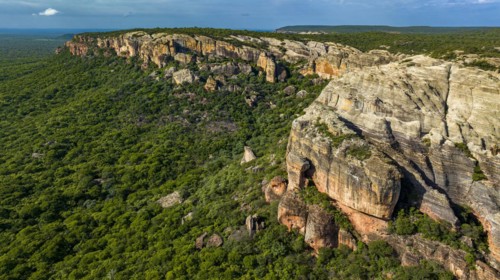 Aerial of the Sandstone cliffs in the Unesco site Serra da Capivara National Park