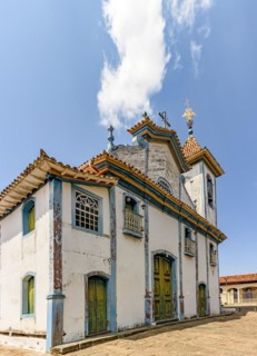 Facade of a time-worn baroque church in the historic town of Diamantina in the state of Minas Gerais