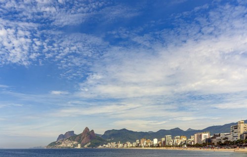 Panoramic view of the beaches of Ipanema and Leblon in Rio de Janeiro with the mountains in the background