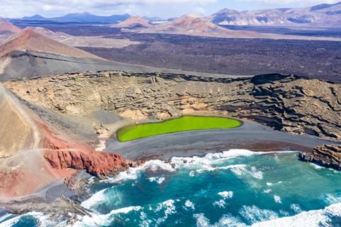 Green lake Charco de Los Clicos Verde near El Golfo in the Canary Islands Aerial view on the island of Lanzarote