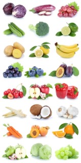 Fruit and vegetables fresh fruits collage with apple orange tomatoes lettuce lemons exempted isolated in Stuttgart
