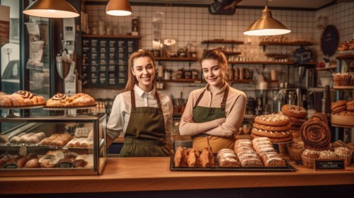 Proud young adult female partners at the counter of their new bakery shop in europe