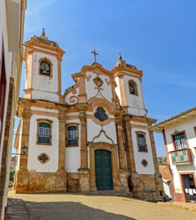 Facade of preserved historic 18th century church in colonial architecture in the city of Ouro Preto in Minas Gerais