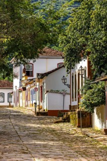 Slope with stone pavement and old colorful houses in colonial style in the city of Tiradentes in Minas Gerais