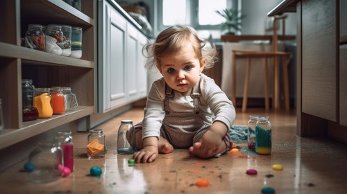 A young toddler on the floor of the kitchen or bathroom has found various cleaning and other chemicals in an unsecured cabinet at home